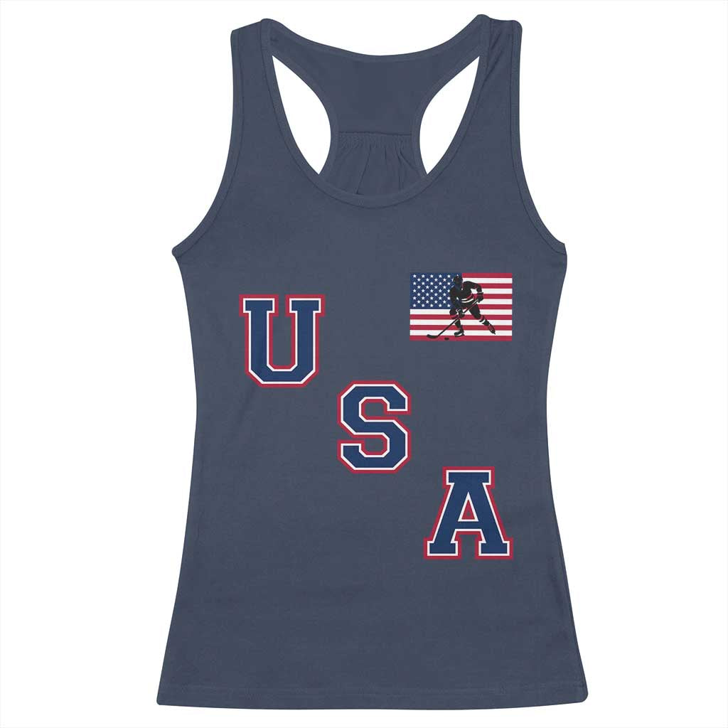 USA Flag Hockey Racerback Tank Top Patriotic Ice Hockey Team Fan Vintage Throwback