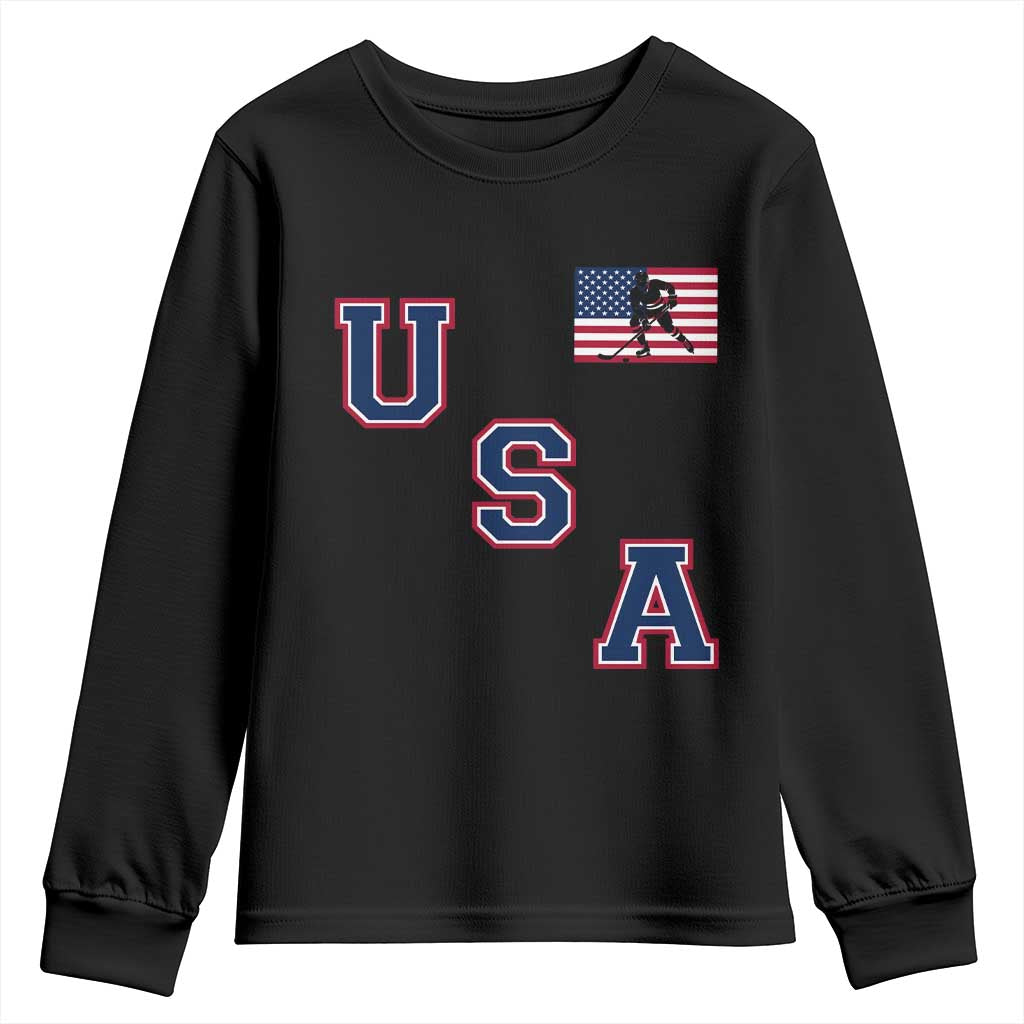 USA Flag Hockey Youth Sweatshirt Patriotic Ice Hockey Team Fan Vintage Throwback
