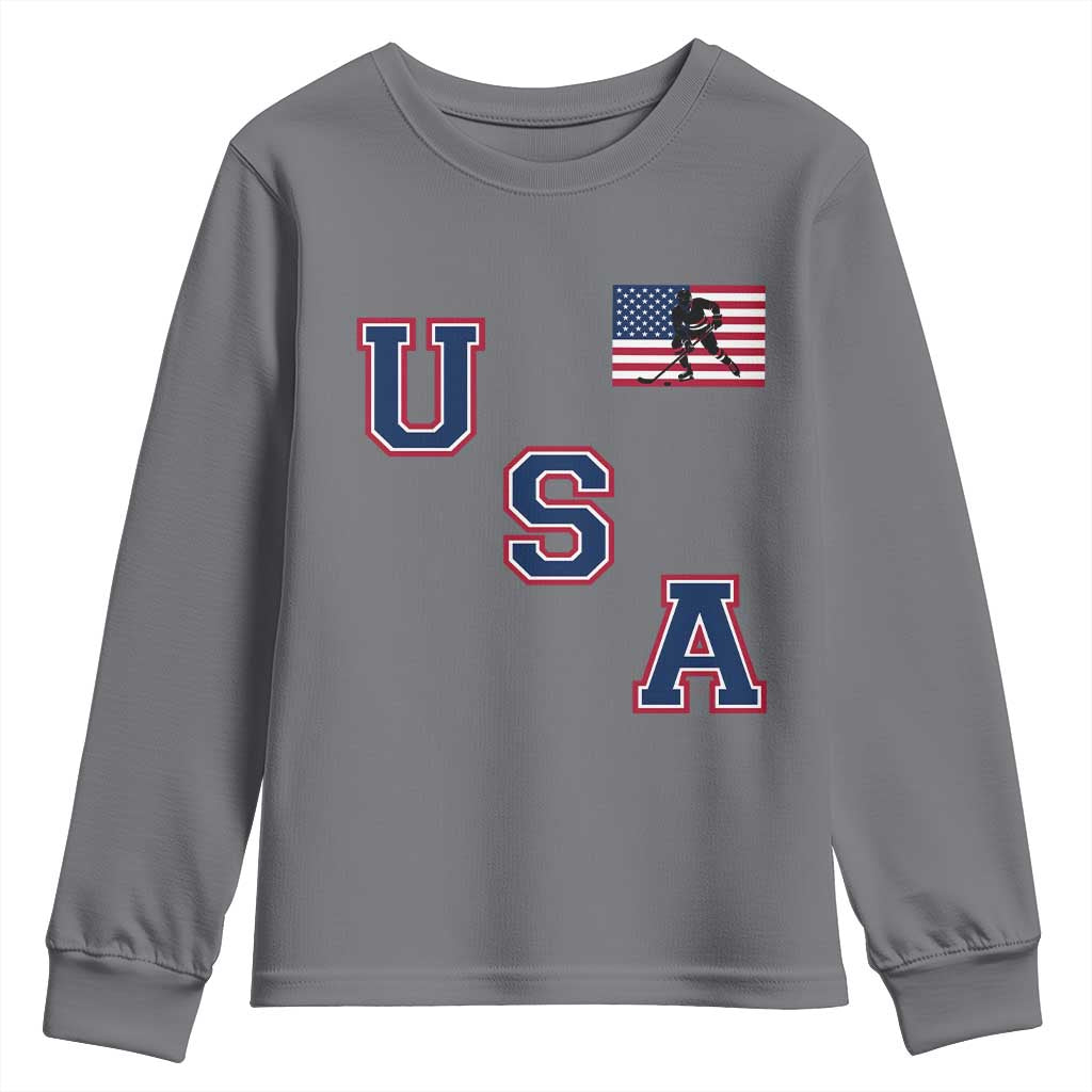 USA Flag Hockey Youth Sweatshirt Patriotic Ice Hockey Team Fan Vintage Throwback