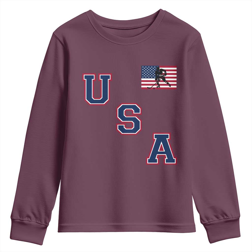 USA Flag Hockey Youth Sweatshirt Patriotic Ice Hockey Team Fan Vintage Throwback