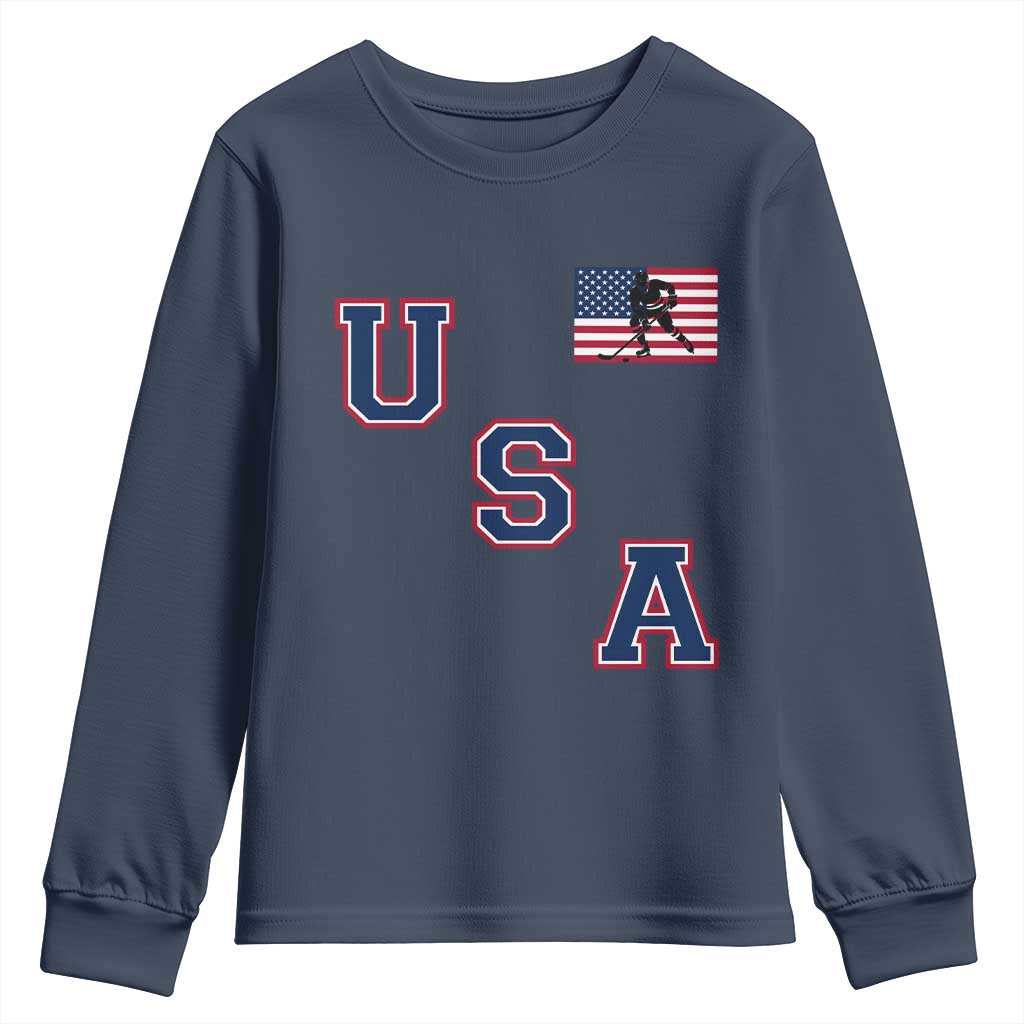 USA Flag Hockey Youth Sweatshirt Patriotic Ice Hockey Team Fan Vintage Throwback