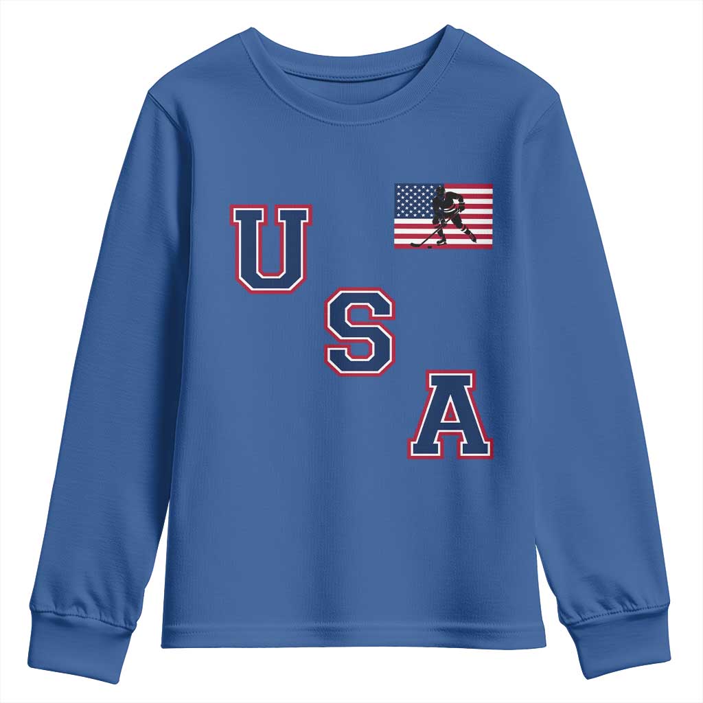 USA Flag Hockey Youth Sweatshirt Patriotic Ice Hockey Team Fan Vintage Throwback