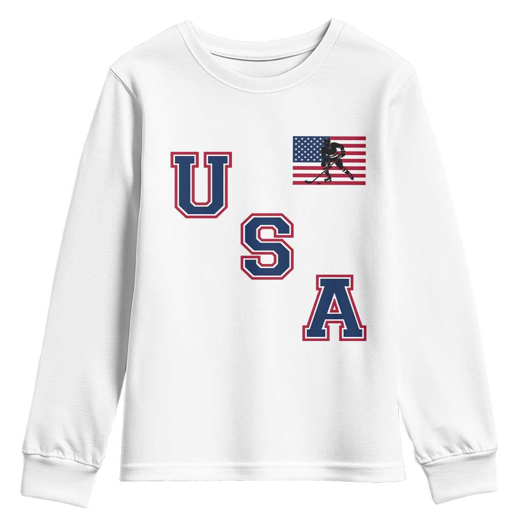 USA Flag Hockey Youth Sweatshirt Patriotic Ice Hockey Team Fan Vintage Throwback