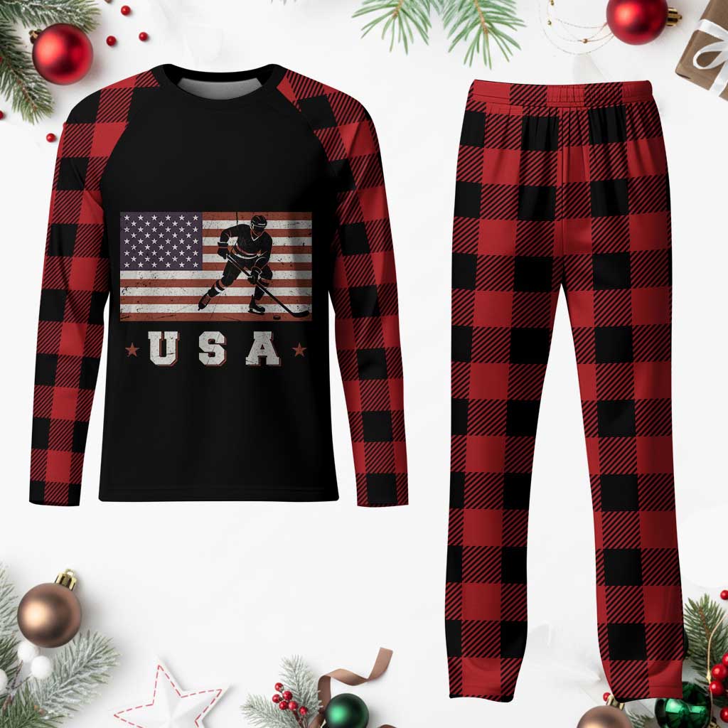 USA Flag Hockey Plaid Pajama Set Patriotic Ice Hockey Player Retro Vintage - Wonder Print Shop