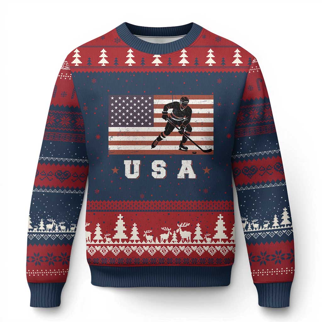 USA Flag Hockey Ugly Christmas Sweater Patriotic Ice Hockey Player Retro Vintage - Wonder Print Shop