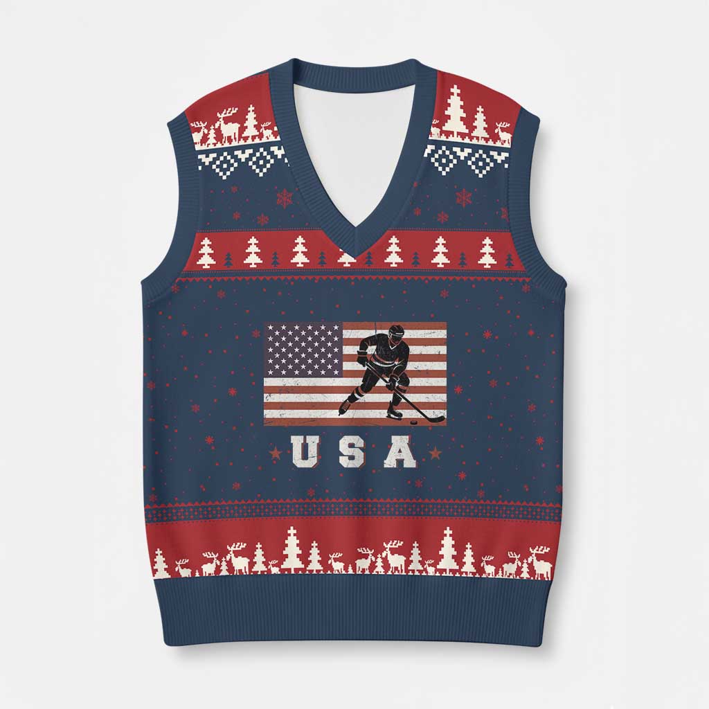 USA Flag Hockey V-Neck Knit Sweater Vest Patriotic Ice Hockey Player Retro Vintage - Wonder Print Shop