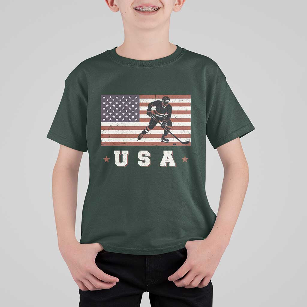 USA Flag Hockey T Shirt For Kid Patriotic Ice Hockey Player Retro Vintage