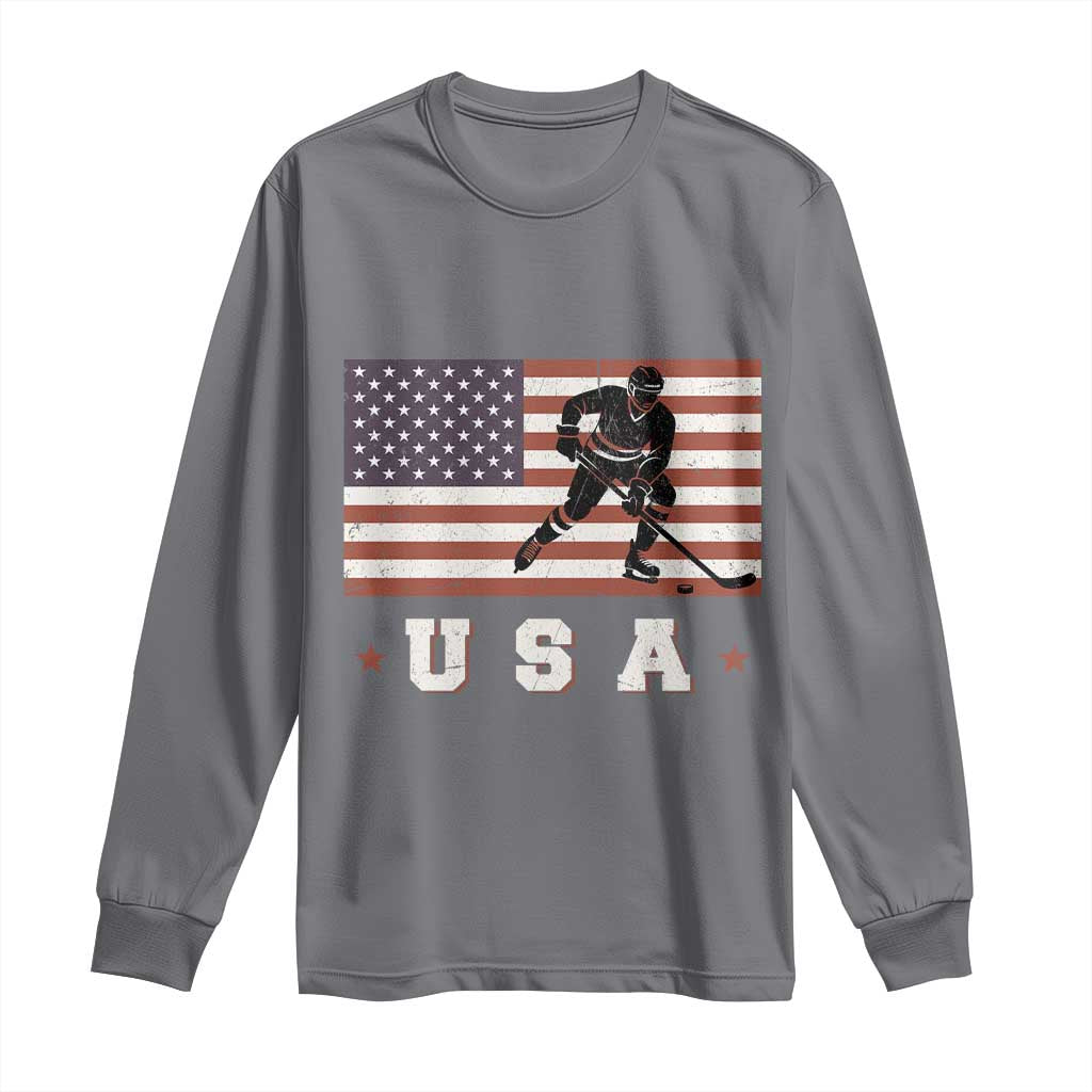 USA Flag Hockey Long Sleeve Shirt Patriotic Ice Hockey Player Retro Vintage