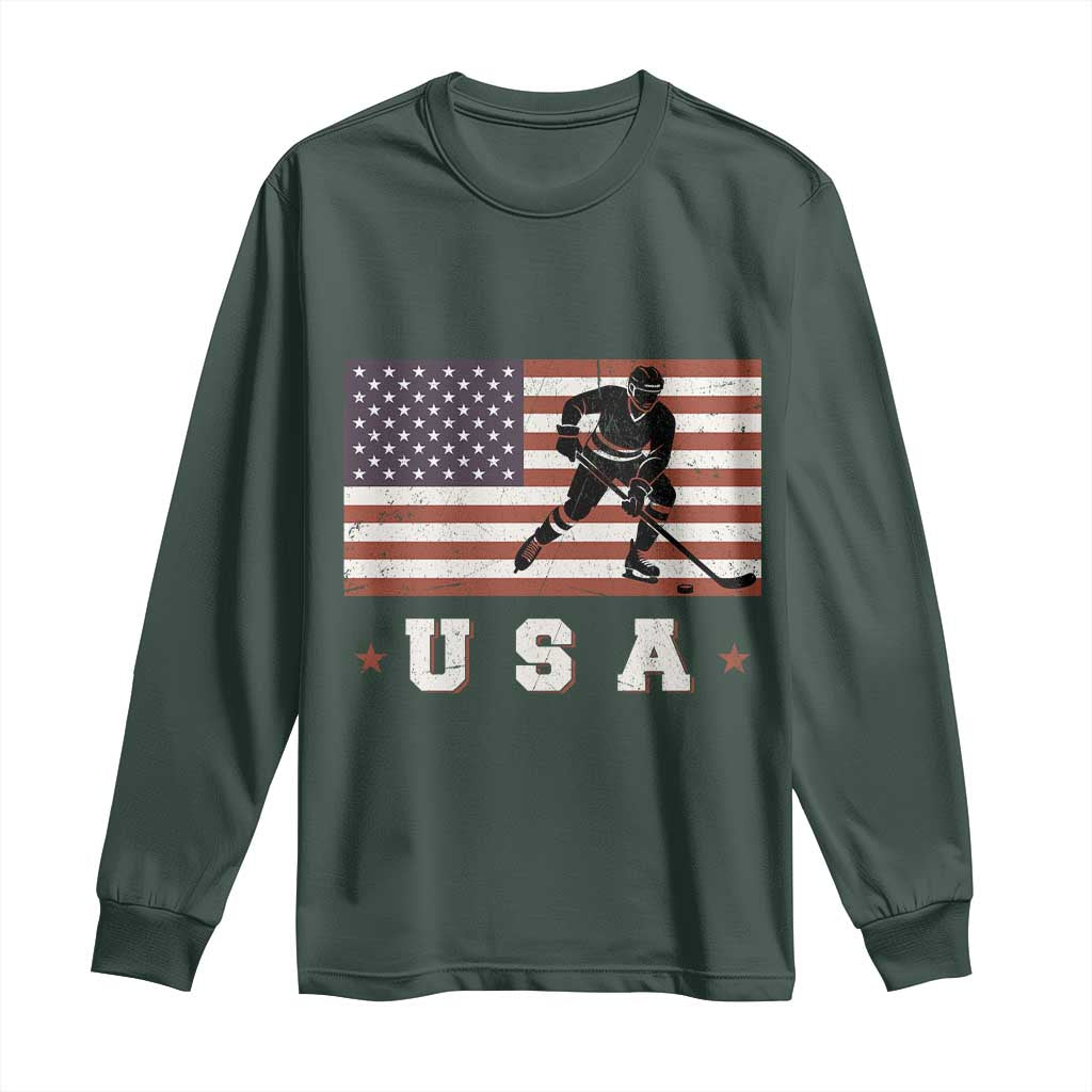 USA Flag Hockey Long Sleeve Shirt Patriotic Ice Hockey Player Retro Vintage