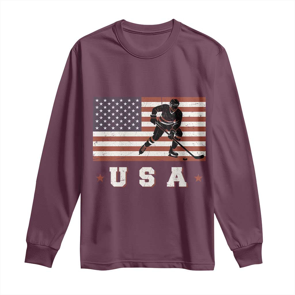 USA Flag Hockey Long Sleeve Shirt Patriotic Ice Hockey Player Retro Vintage