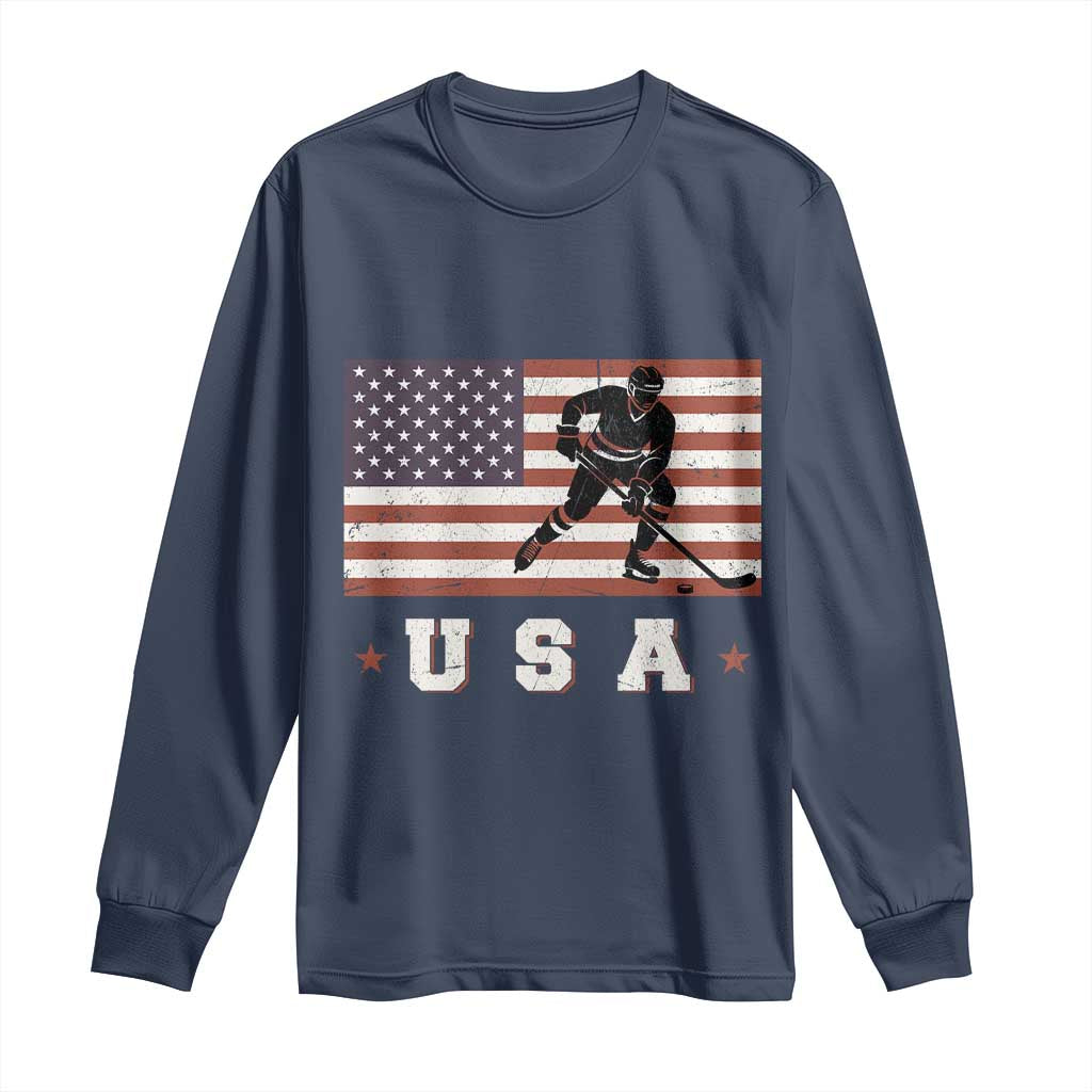 USA Flag Hockey Long Sleeve Shirt Patriotic Ice Hockey Player Retro Vintage