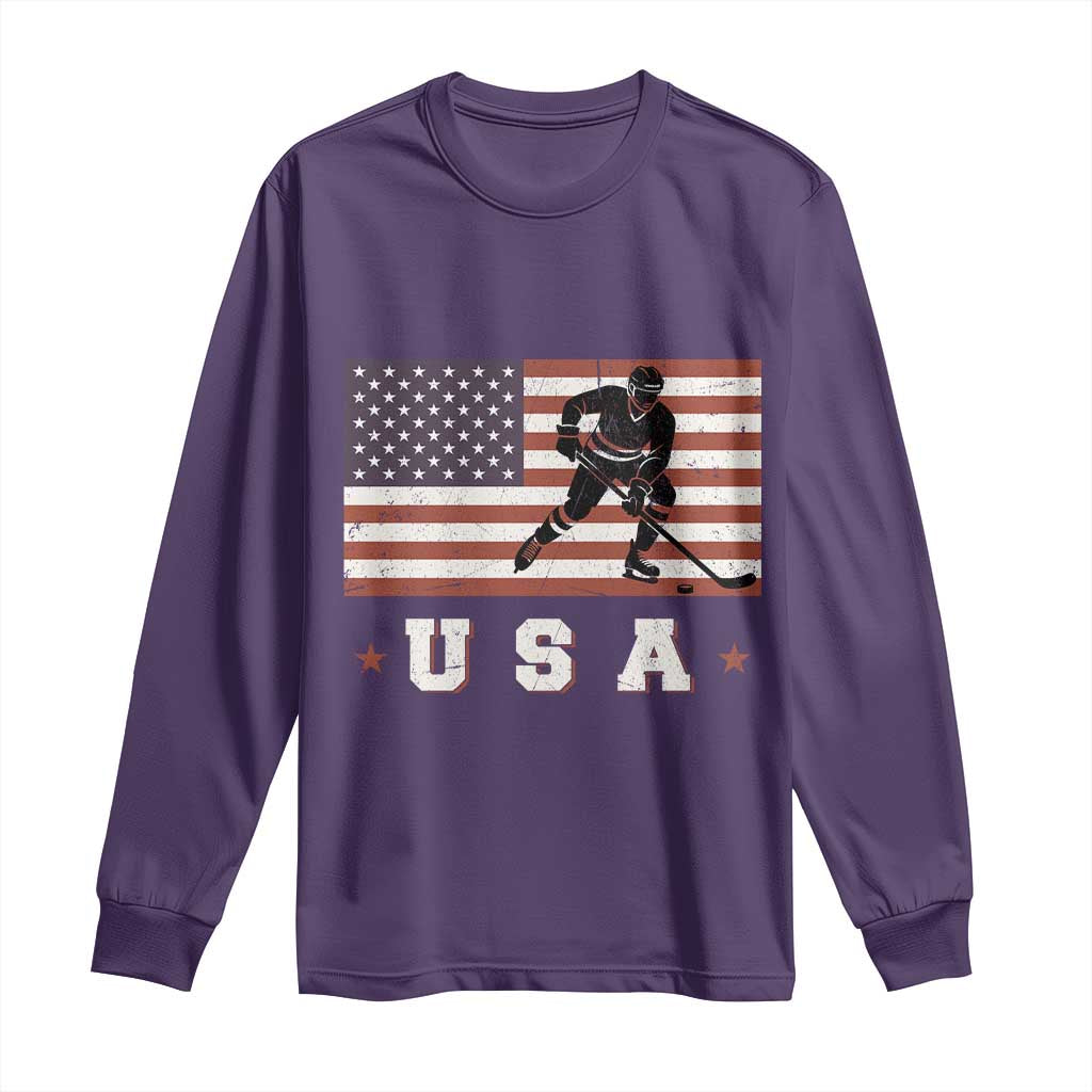 USA Flag Hockey Long Sleeve Shirt Patriotic Ice Hockey Player Retro Vintage
