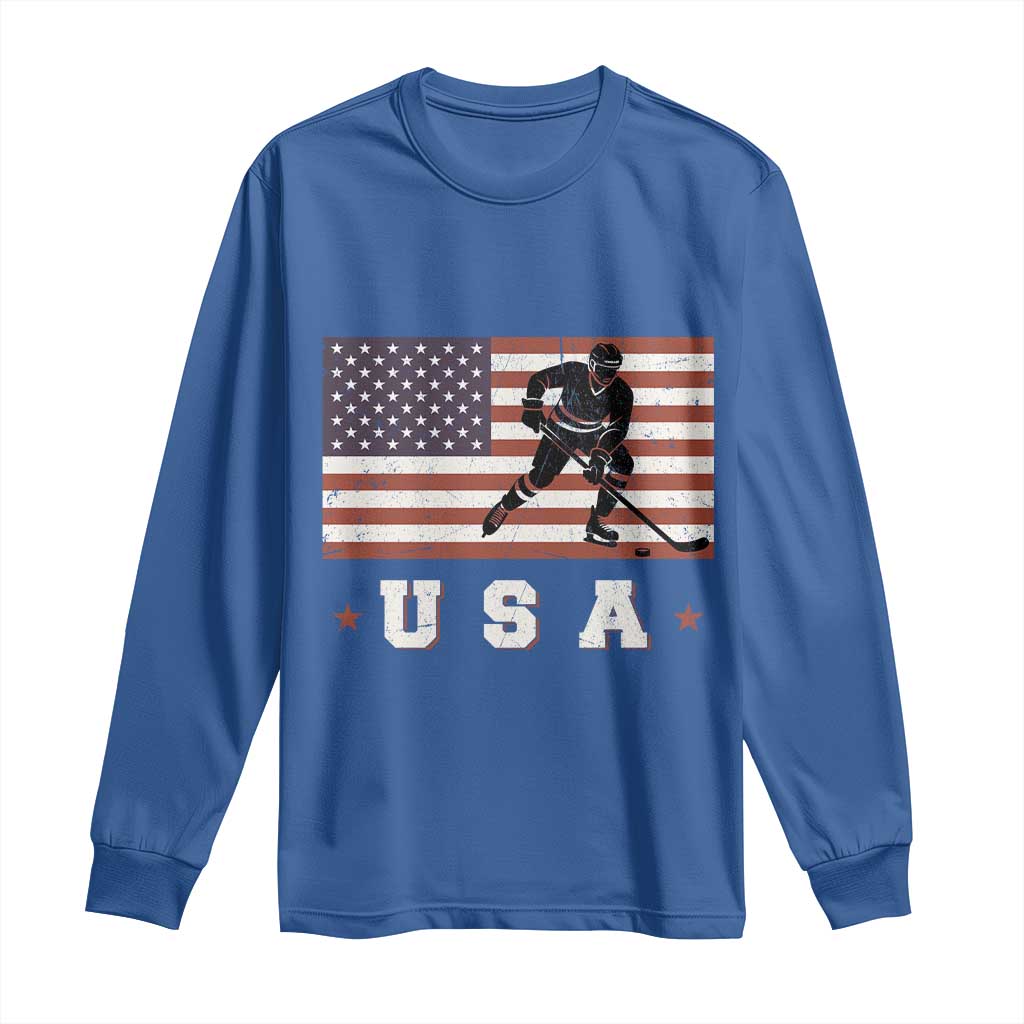 USA Flag Hockey Long Sleeve Shirt Patriotic Ice Hockey Player Retro Vintage