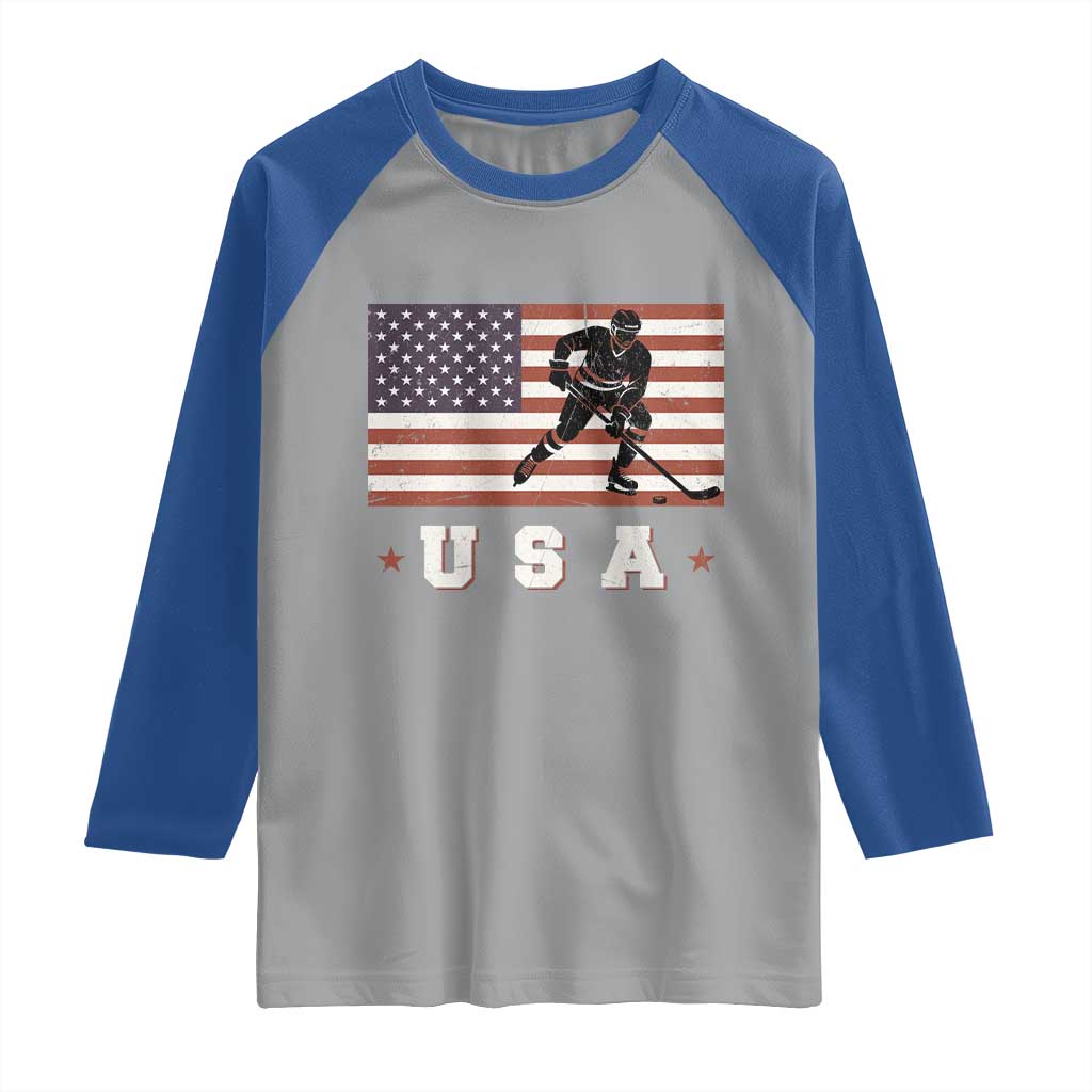 USA Flag Hockey Raglan Shirt Patriotic Ice Hockey Player Retro Vintage