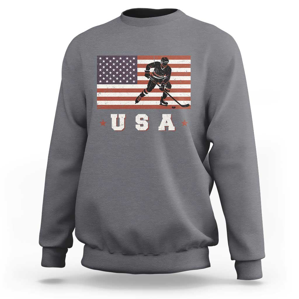 USA Flag Hockey Sweatshirt Patriotic Ice Hockey Player Retro Vintage