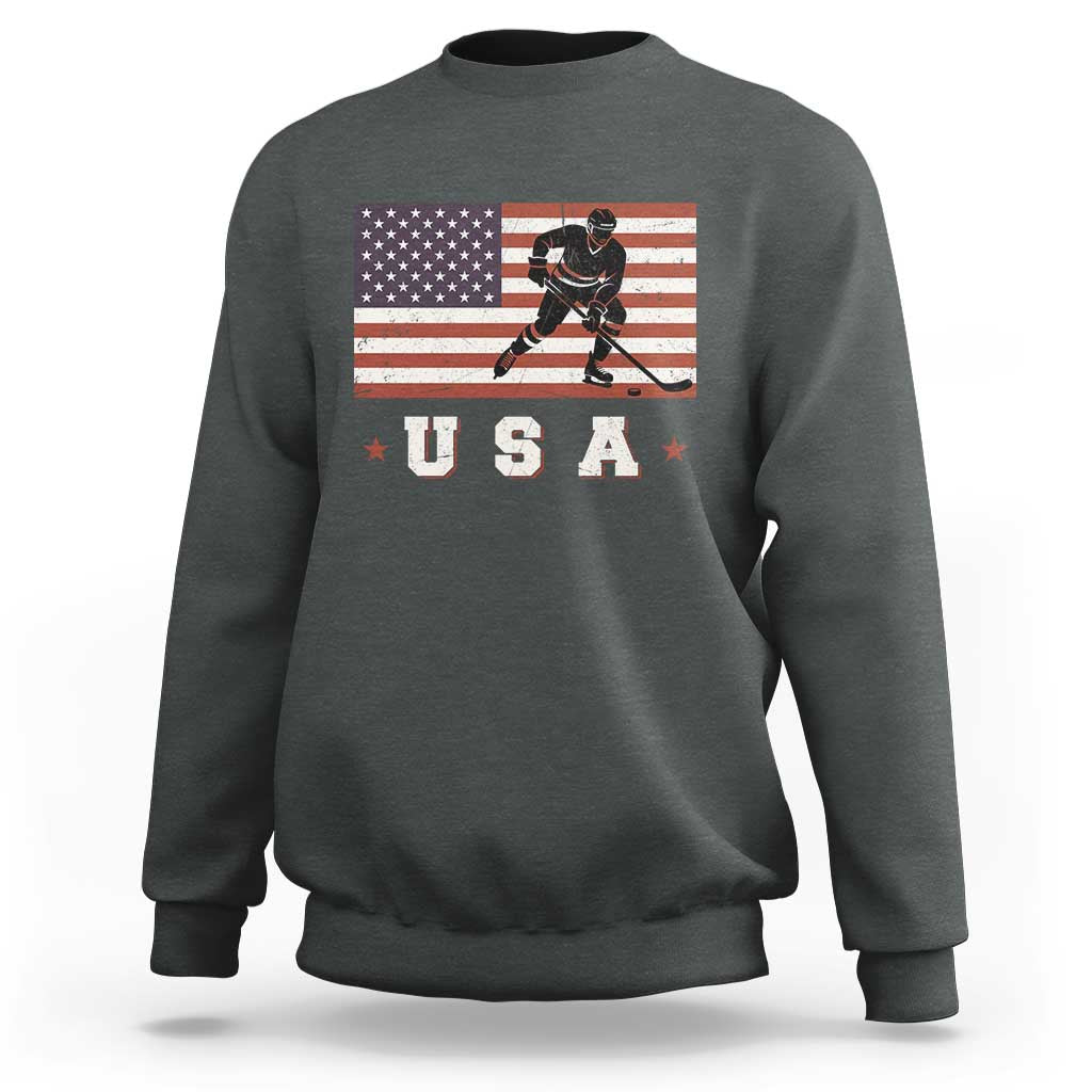 USA Flag Hockey Sweatshirt Patriotic Ice Hockey Player Retro Vintage