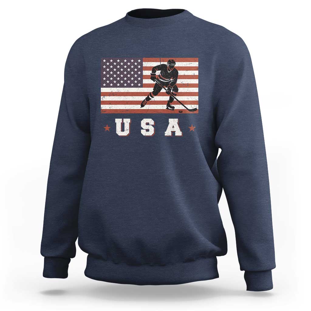 USA Flag Hockey Sweatshirt Patriotic Ice Hockey Player Retro Vintage
