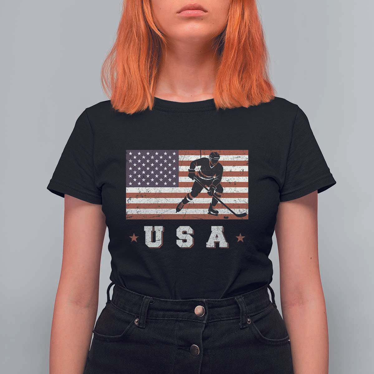 USA Flag Hockey T Shirt For Women Patriotic Ice Hockey Player Retro Vintage