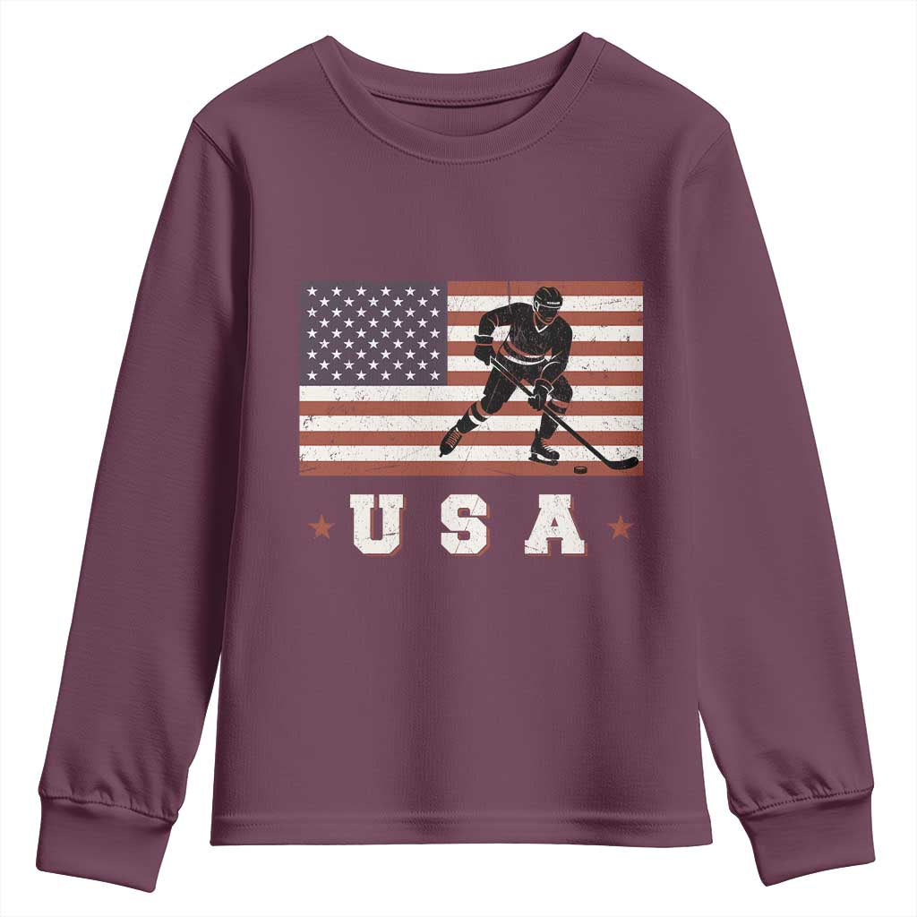 USA Flag Hockey Youth Sweatshirt Patriotic Ice Hockey Player Retro Vintage