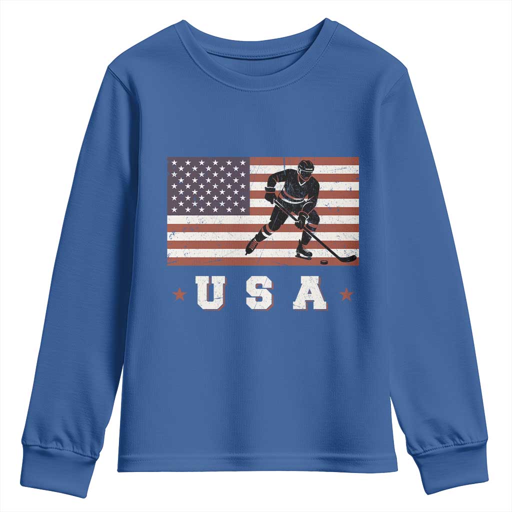 USA Flag Hockey Youth Sweatshirt Patriotic Ice Hockey Player Retro Vintage