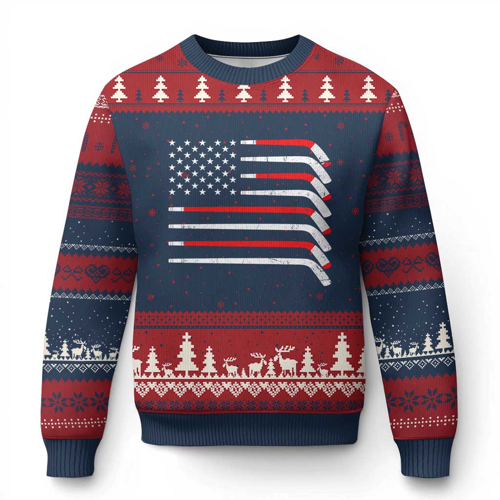 USA Flag Hockey Ugly Christmas Sweater Patriotic Hockey Stick American Flags - Wonder Print Shop