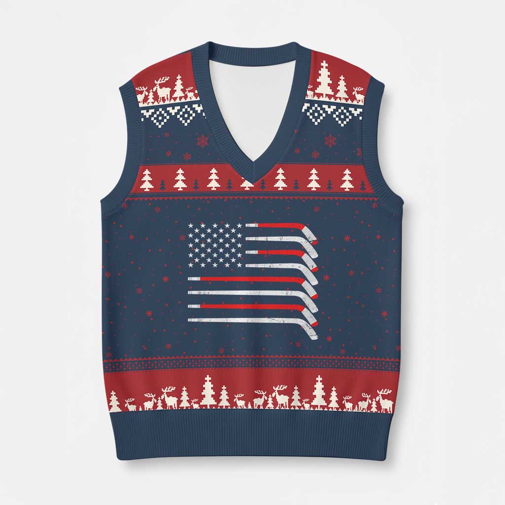 USA Flag Hockey V-Neck Knit Sweater Vest Patriotic Hockey Stick American Flags - Wonder Print Shop