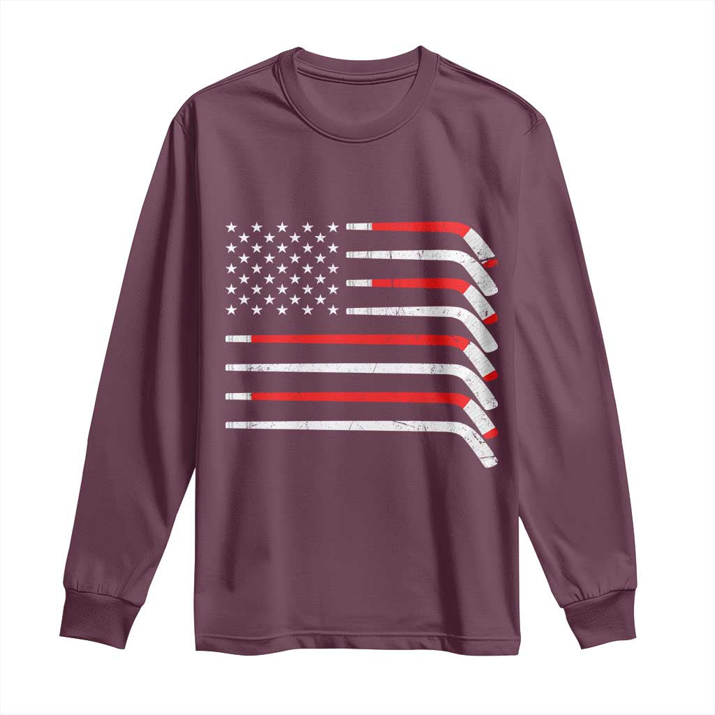 USA Flag Hockey Long Sleeve Shirt Patriotic Hockey Stick American Flags