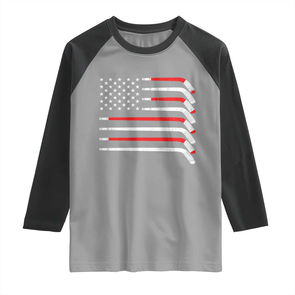 USA Flag Hockey Raglan Shirt Patriotic Hockey Stick American Flags