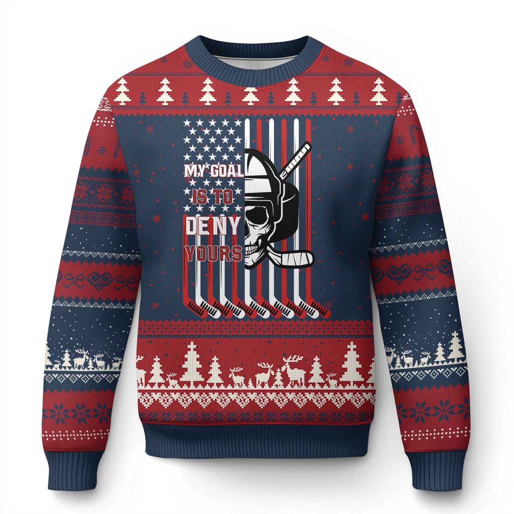 USA Flag Hockey Ugly Christmas Sweater Skull Player My Goal Is To Deny Yours - Wonder Print Shop