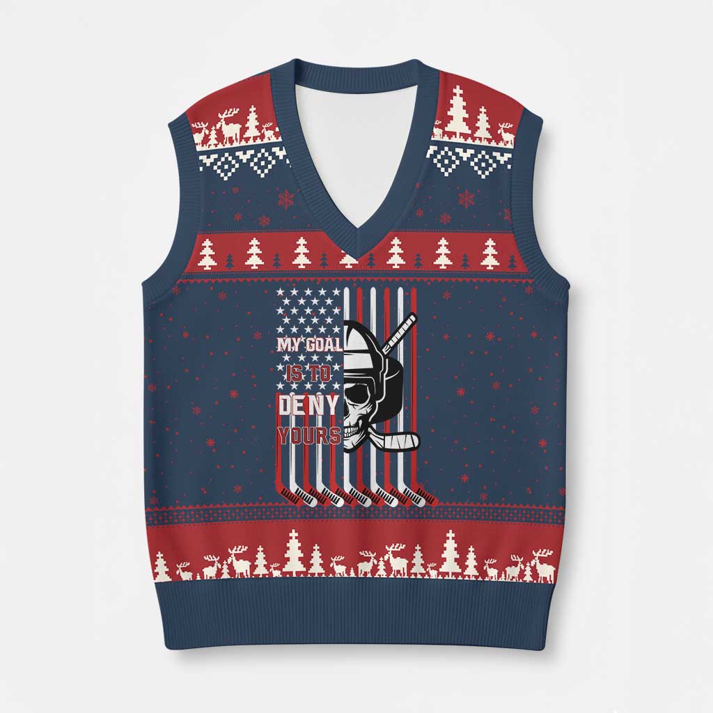 USA Flag Hockey V-Neck Knit Sweater Vest Skull Player My Goal Is To Deny Yours - Wonder Print Shop