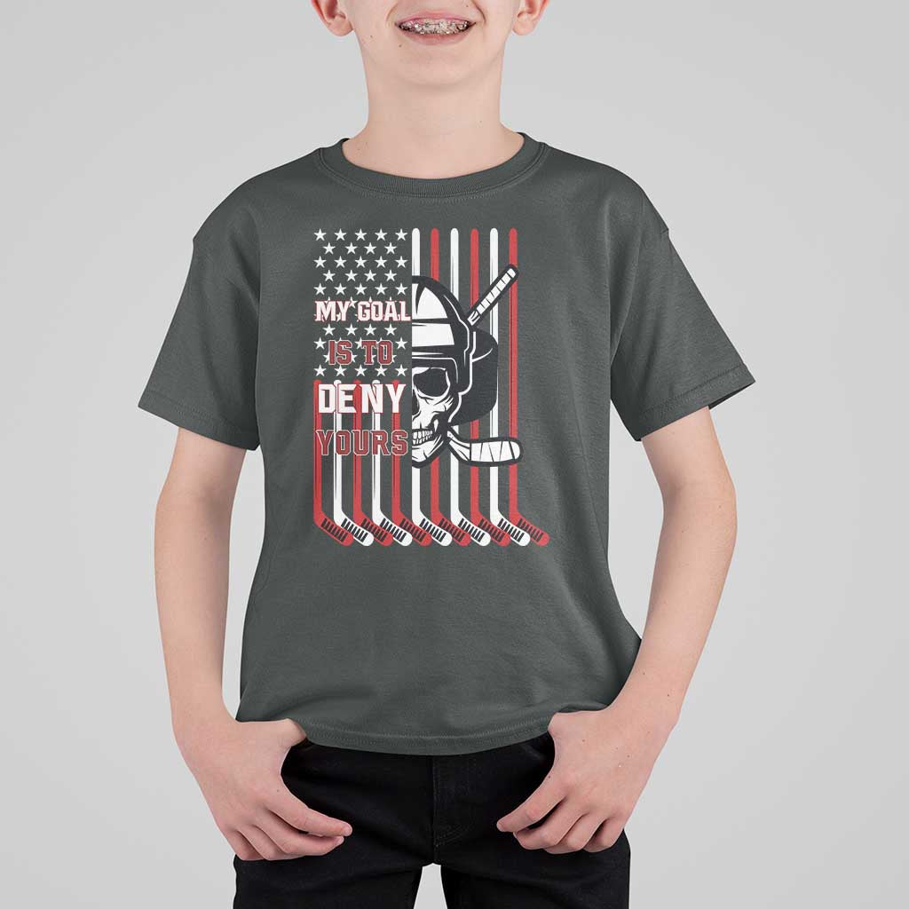 USA Flag Hockey T Shirt For Kid Skull Player My Goal Is To Deny Yours