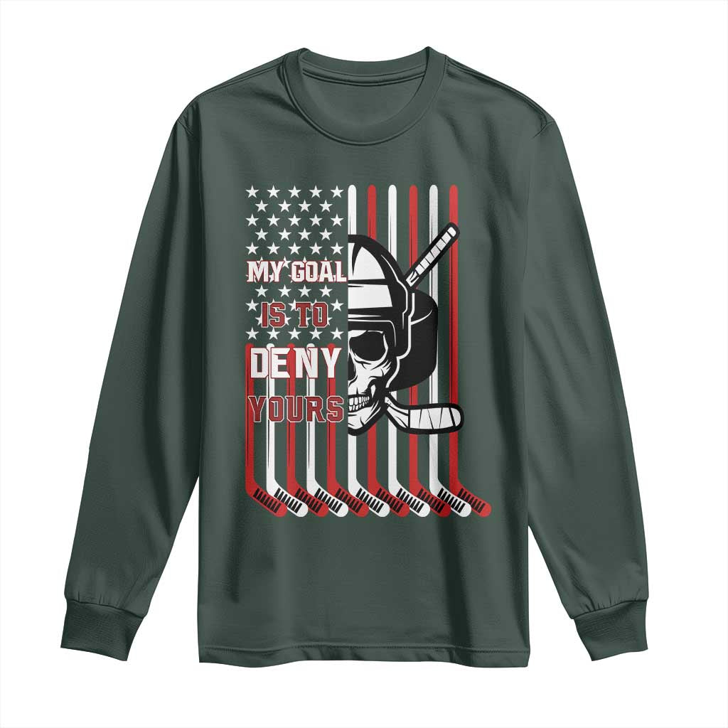 USA Flag Hockey Long Sleeve Shirt Skull Player My Goal Is To Deny Yours