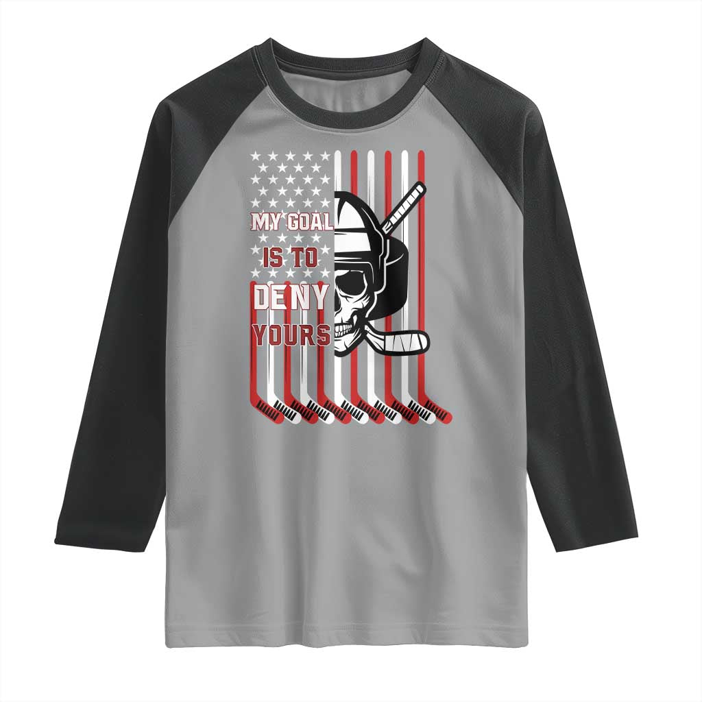 USA Flag Hockey Raglan Shirt Skull Player My Goal Is To Deny Yours