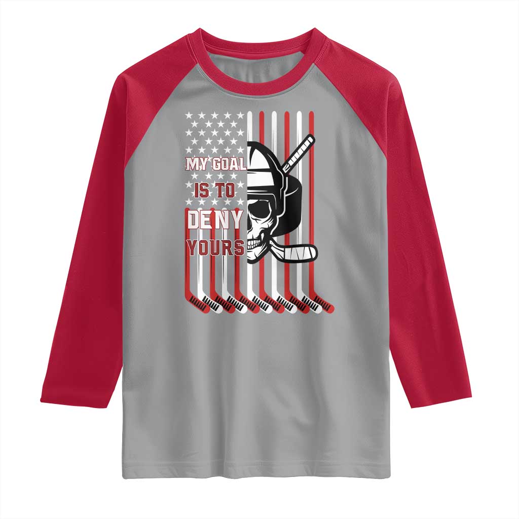 USA Flag Hockey Raglan Shirt Skull Player My Goal Is To Deny Yours