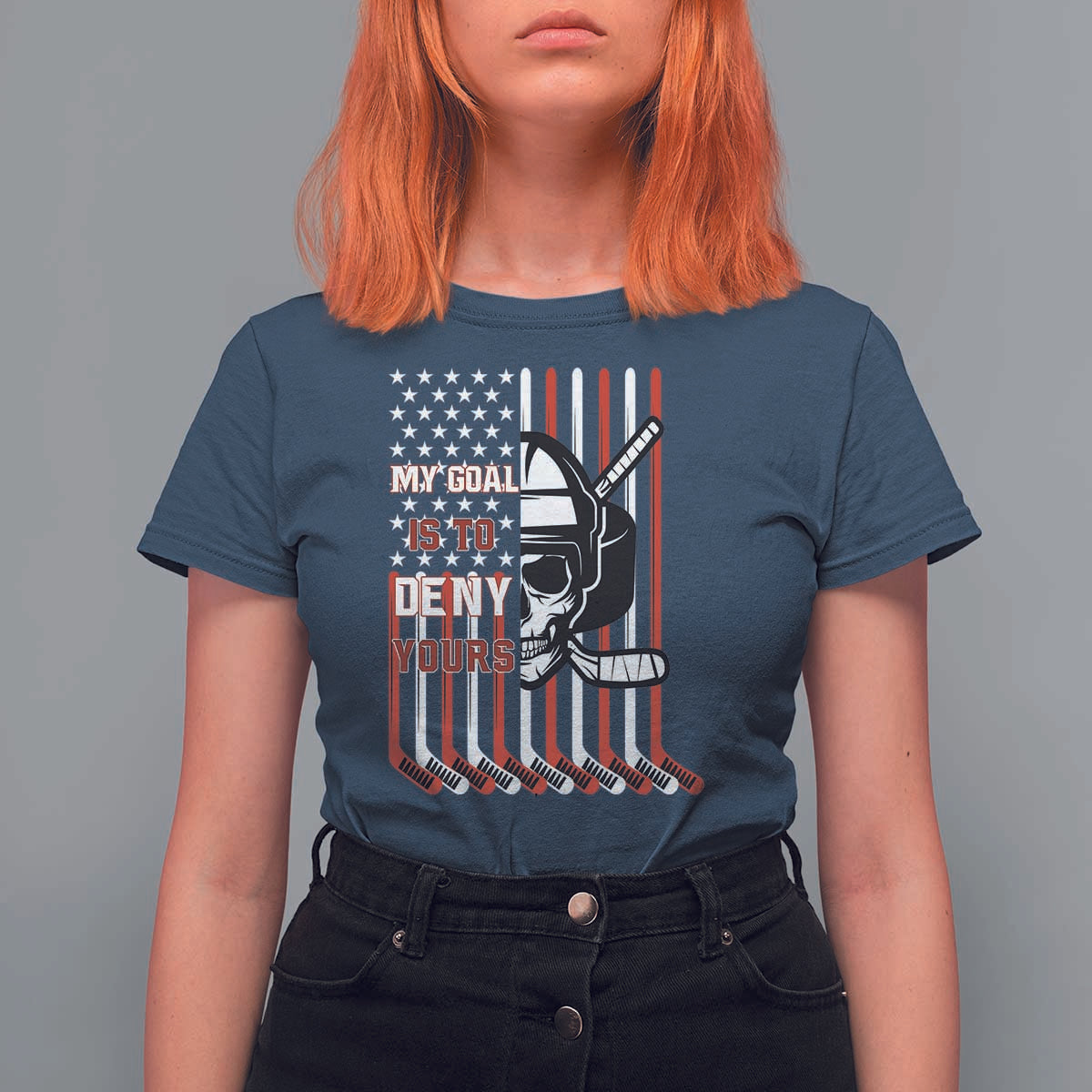 USA Flag Hockey T Shirt For Women Skull Player My Goal Is To Deny Yours