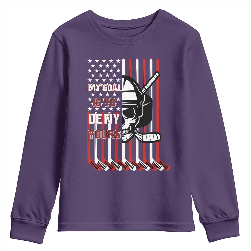 USA Flag Hockey Youth Sweatshirt Skull Player My Goal Is To Deny Yours