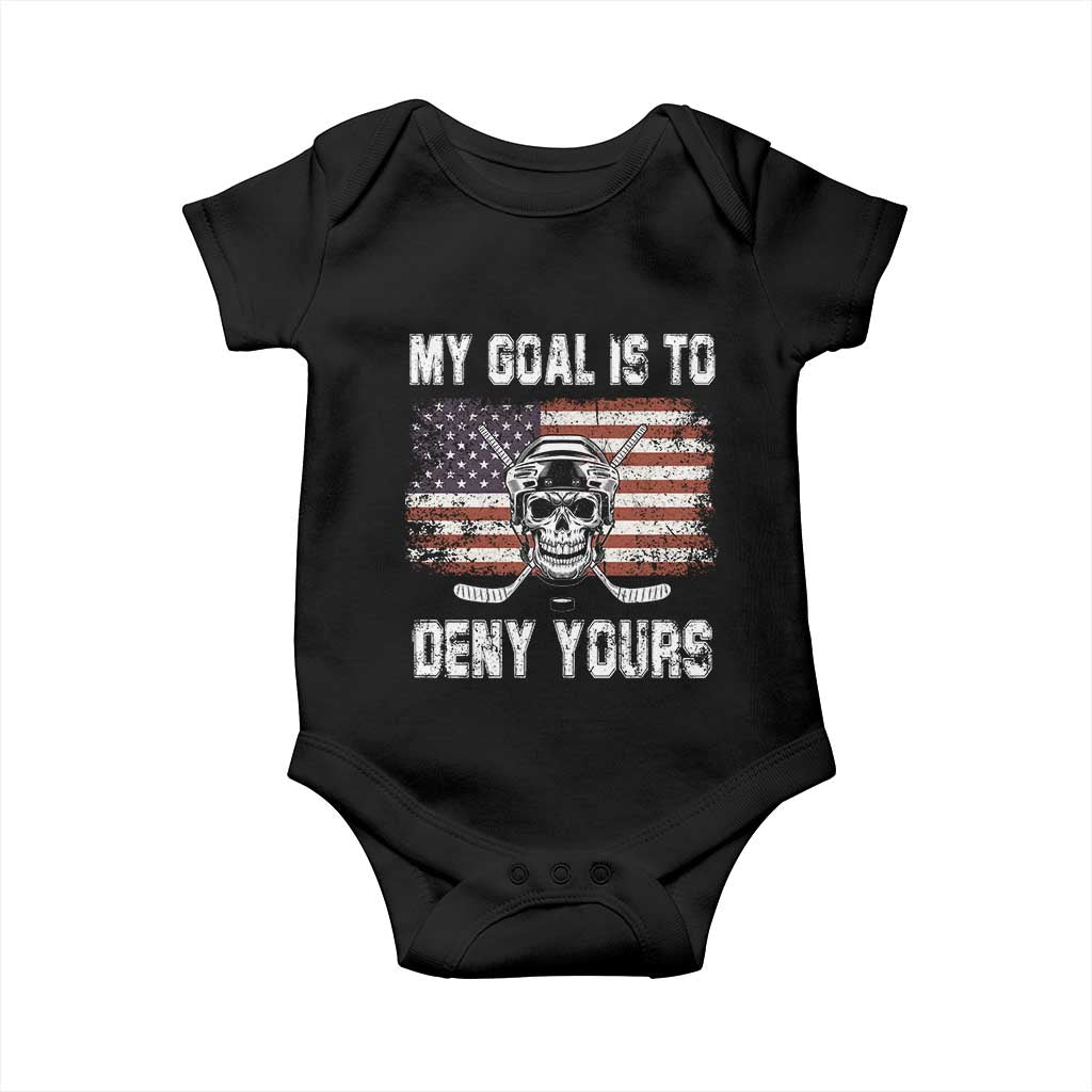 USA Flag Hockey Skull Baby Onesie My Goal Is To Deny Yours