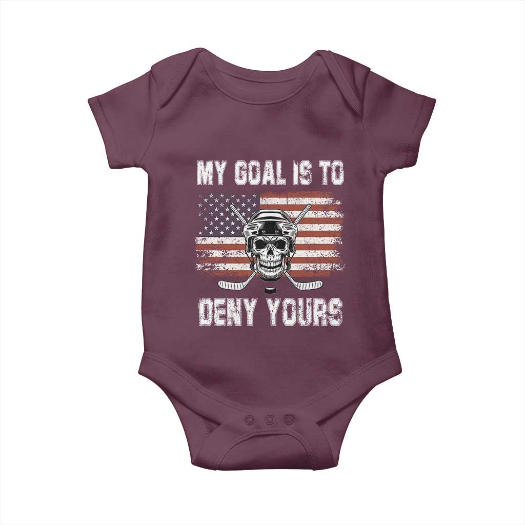 USA Flag Hockey Skull Baby Onesie My Goal Is To Deny Yours