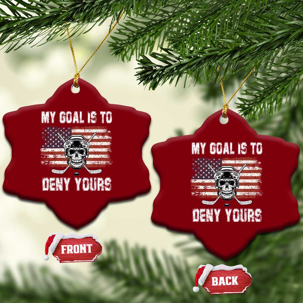 USA Flag Hockey Skull Ceramic Ornament My Goal Is To Deny Yours - Wonder Print Shop