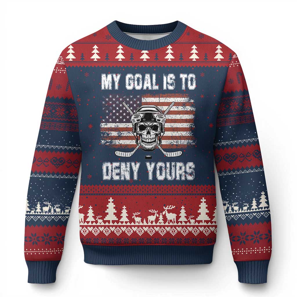 USA Flag Hockey Skull Ugly Christmas Sweater My Goal Is To Deny Yours - Wonder Print Shop