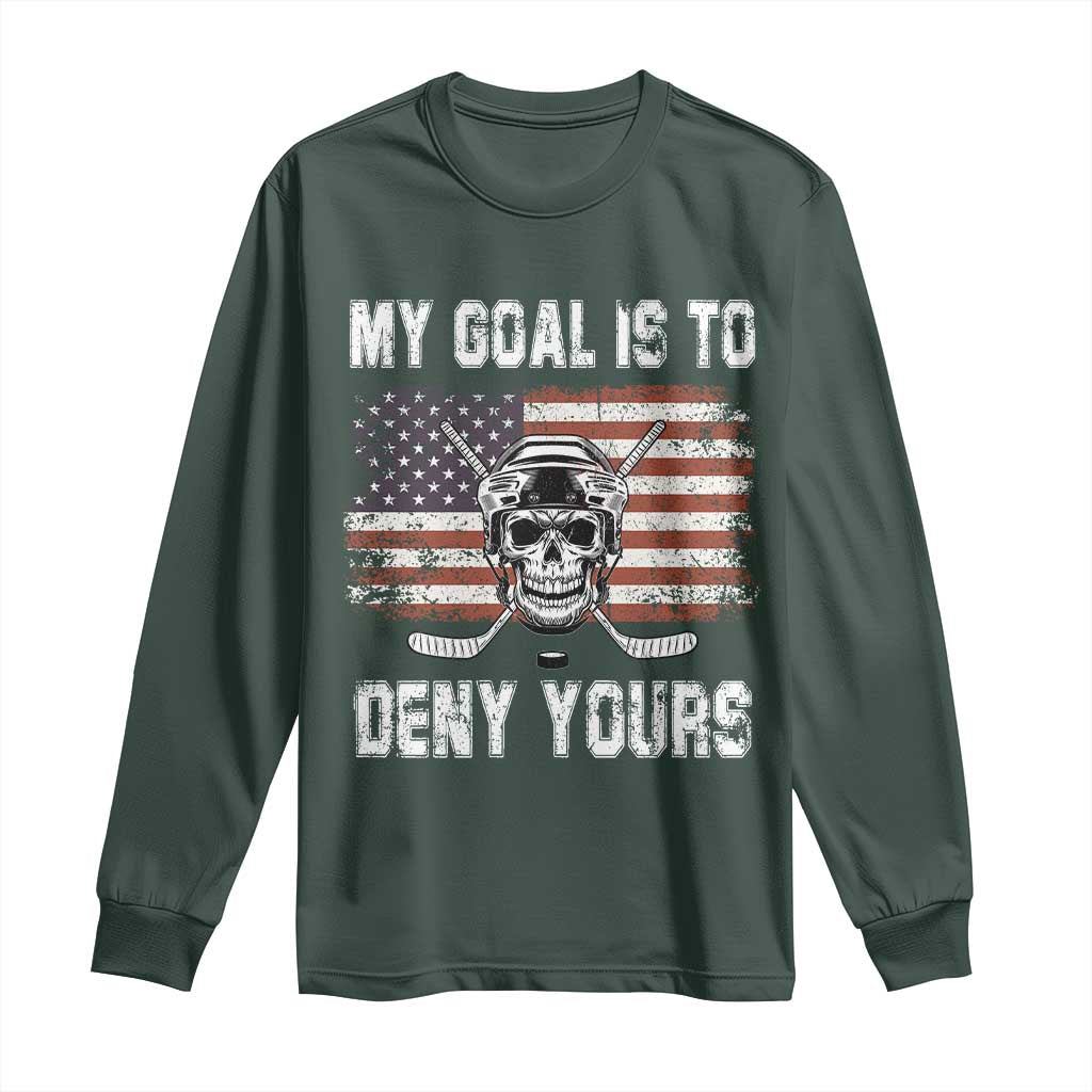 USA Flag Hockey Skull Long Sleeve Shirt My Goal Is To Deny Yours