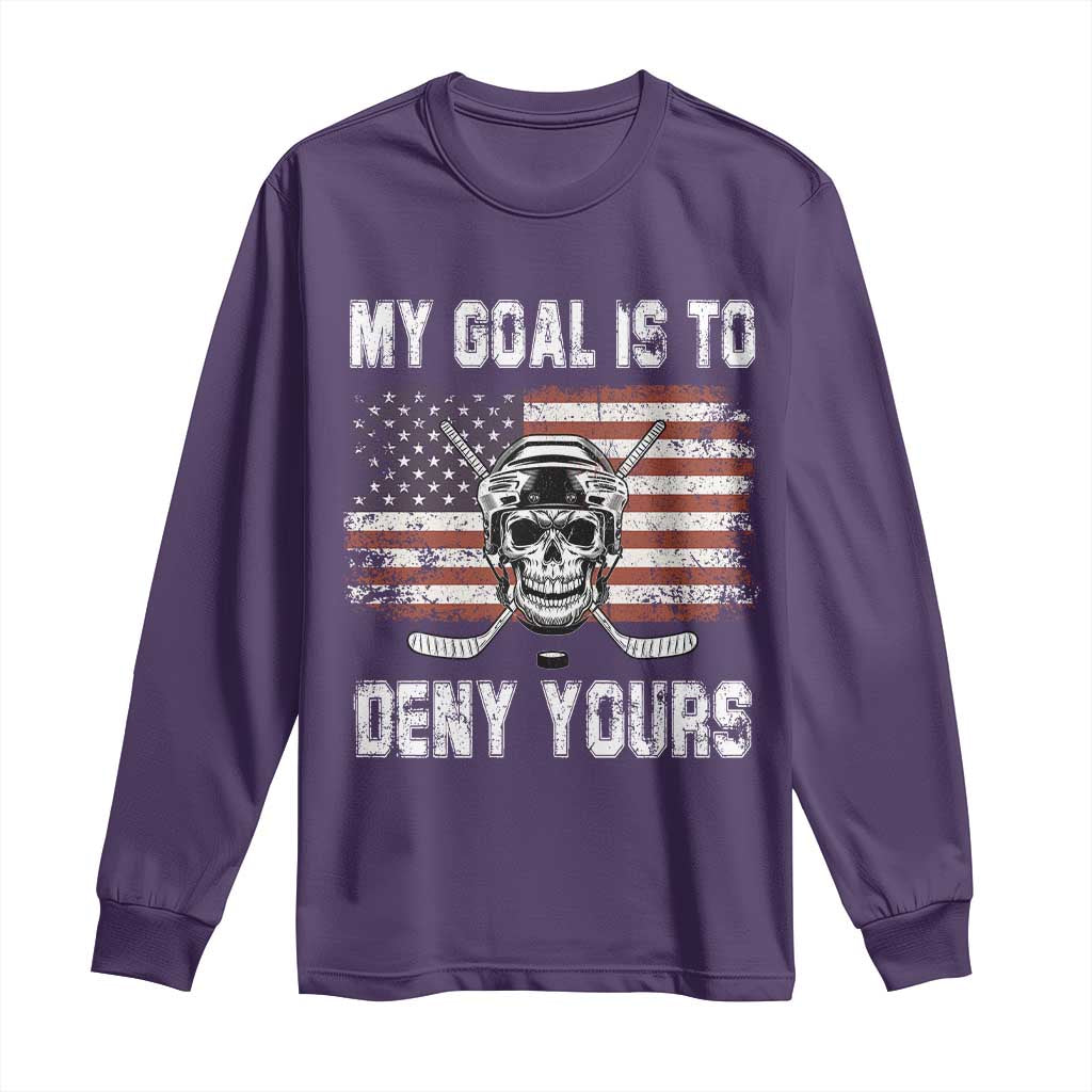 USA Flag Hockey Skull Long Sleeve Shirt My Goal Is To Deny Yours