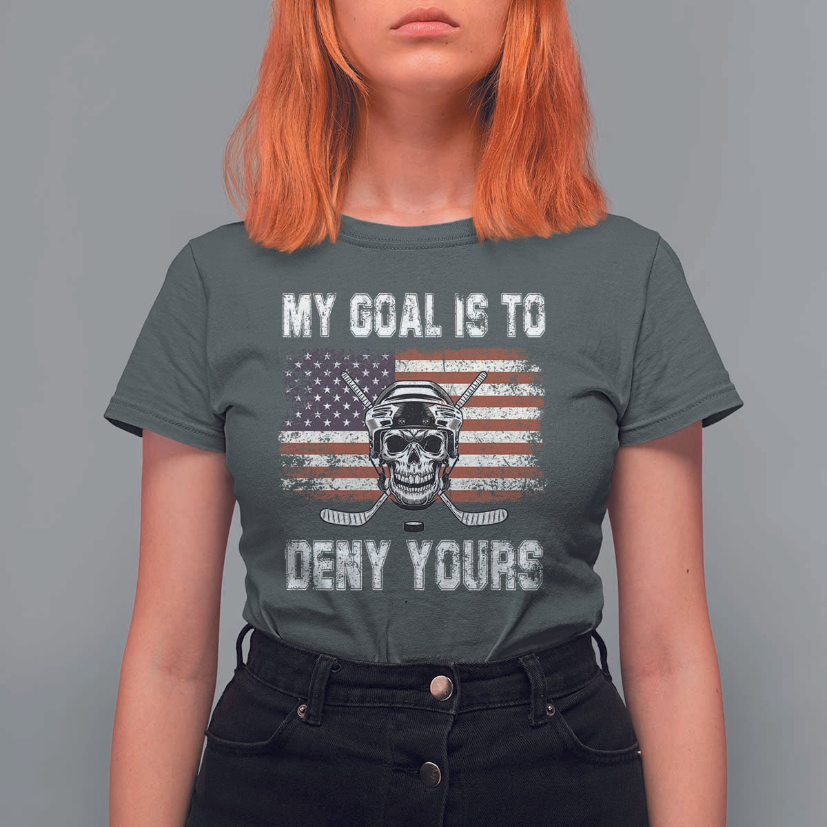USA Flag Hockey Skull T Shirt For Women My Goal Is To Deny Yours