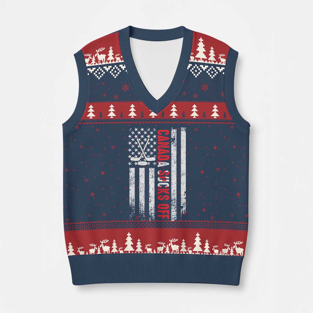 USA Flag Hockey V-Neck Knit Sweater Vest Funny Canada Sucks US EH American Flag - Wonder Print Shop