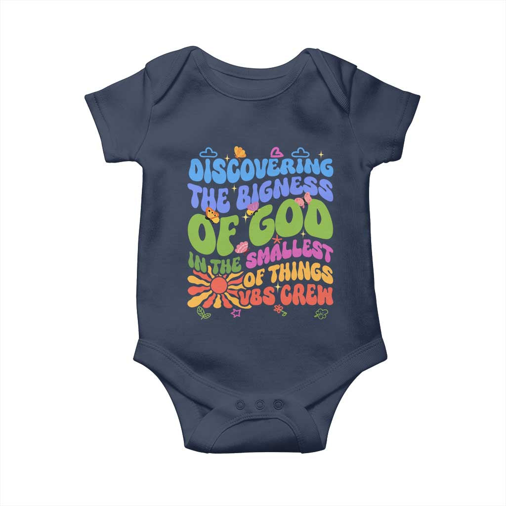 VBS 2025 Baby Onesie Discovering The Bigness Of God In The Smallest Of Things Retro Groovy