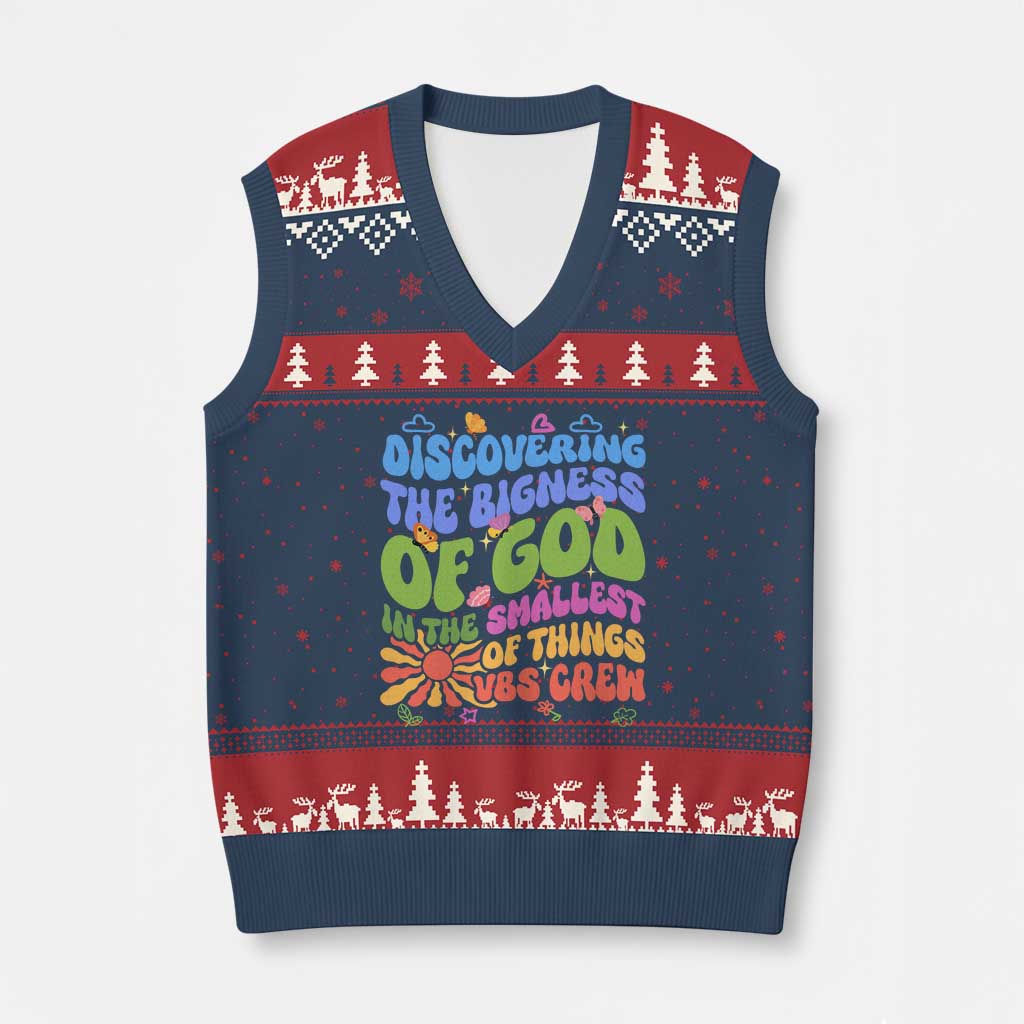 VBS 2025 V-Neck Knit Sweater Vest Discovering The Bigness Of God In The Smallest Of Things Retro Groovy - Wonder Print Shop