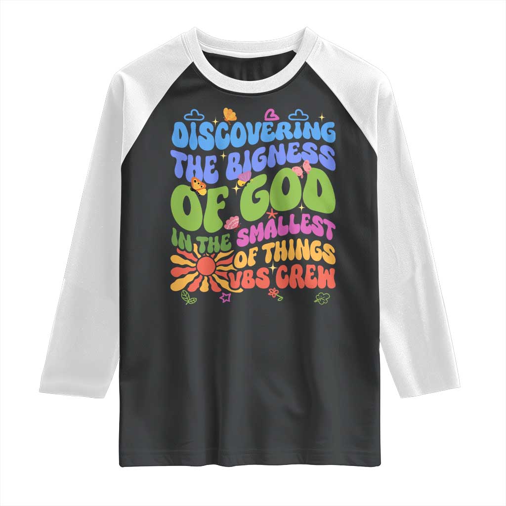 VBS 2025 Raglan Shirt Discovering The Bigness Of God In The Smallest Of Things Retro Groovy