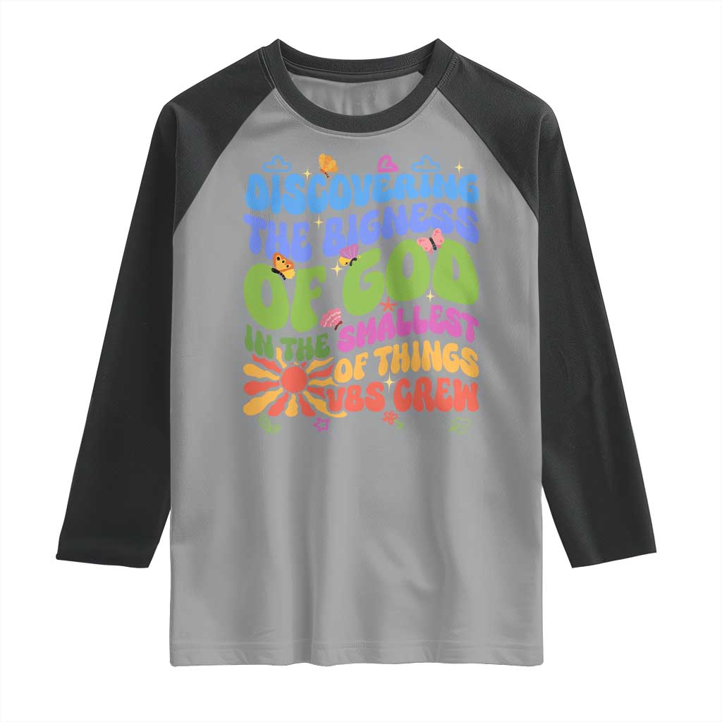 VBS 2025 Raglan Shirt Discovering The Bigness Of God In The Smallest Of Things Retro Groovy