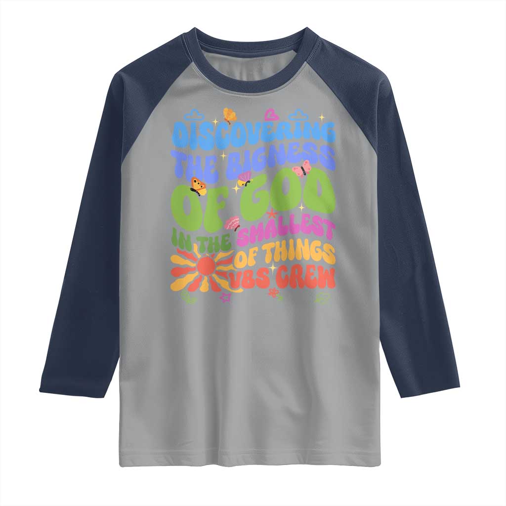 VBS 2025 Raglan Shirt Discovering The Bigness Of God In The Smallest Of Things Retro Groovy