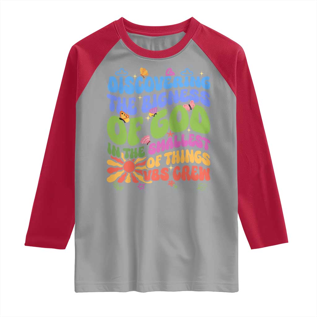 VBS 2025 Raglan Shirt Discovering The Bigness Of God In The Smallest Of Things Retro Groovy